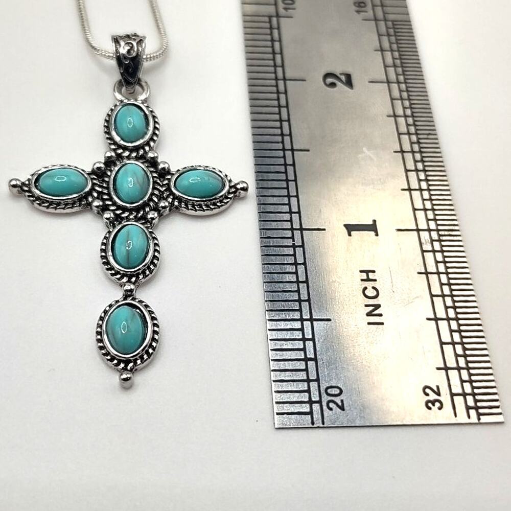 925 Sterling Silver Necklace w/ Cross Turquoise Christian Native Valentines New!